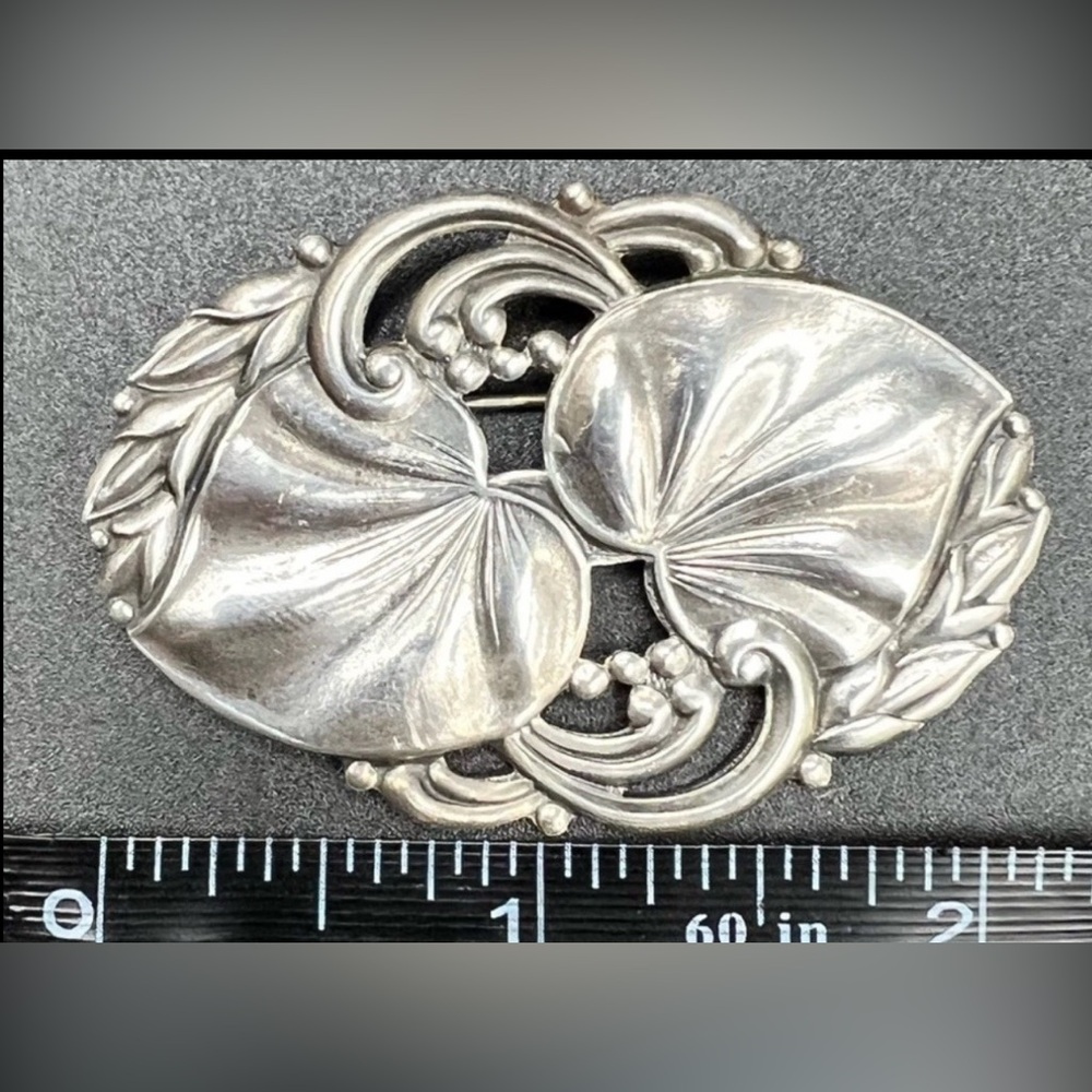 Vintage Art Nouveau Lily Pad Brooch Pin Sterling Silver Tested Large - Picture 4 of 6